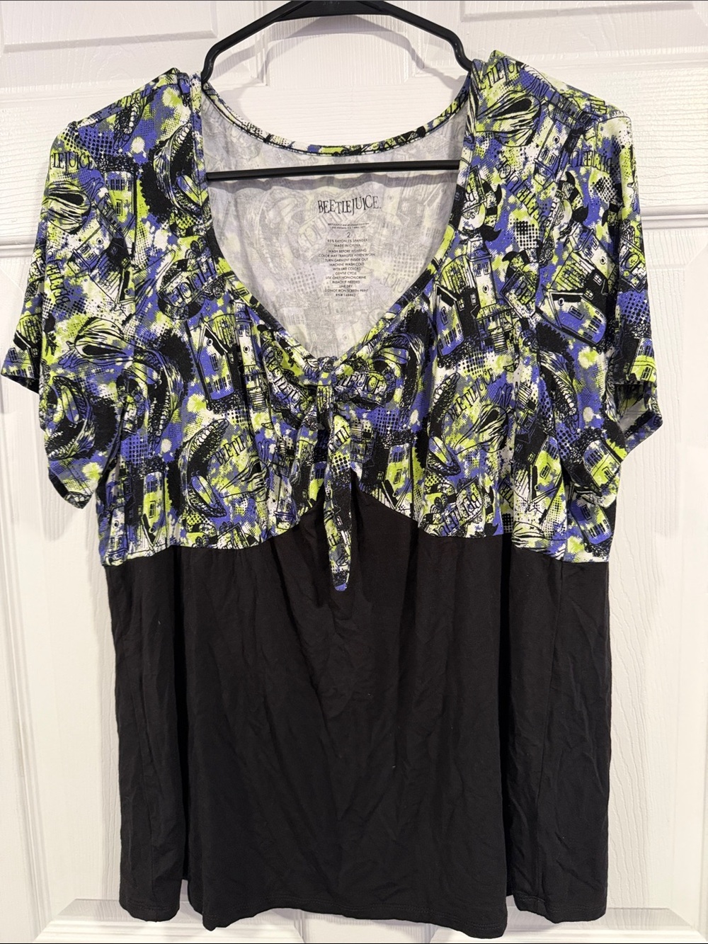 Hot Topic Black Top with Blue & Neon Green Patterned Yoke